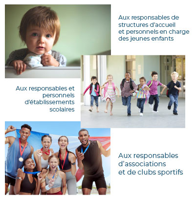 Affiche colorée montrant des photos d'enfants et d'adultes souriants ensemble.
