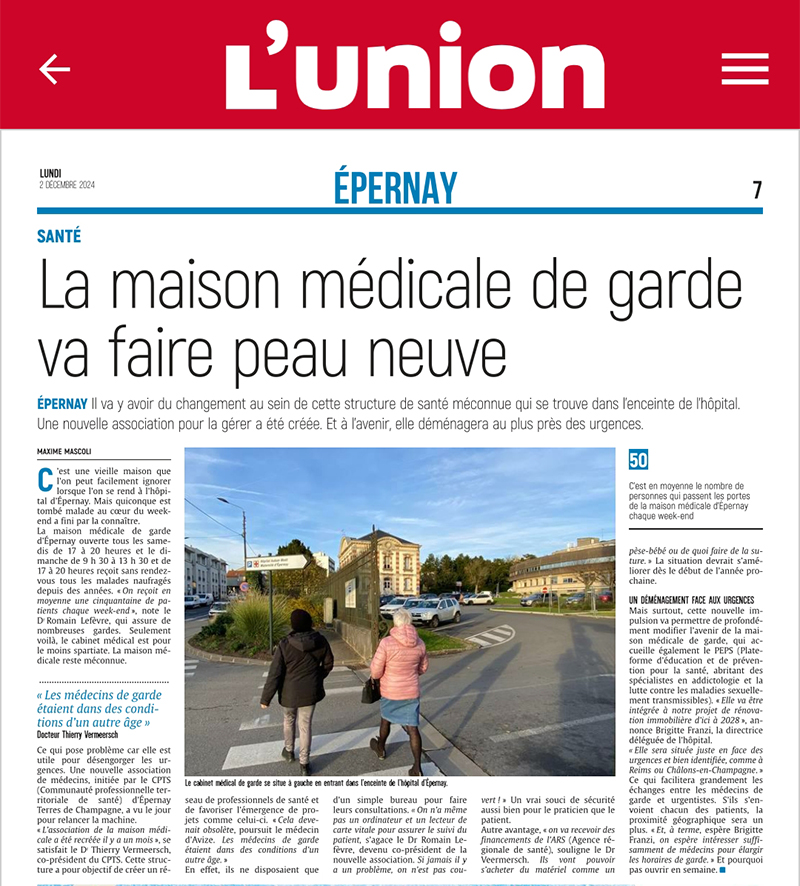 Article Journal l'Union Maison médicale de garde Epernay Centre hospitalier Auban Moet